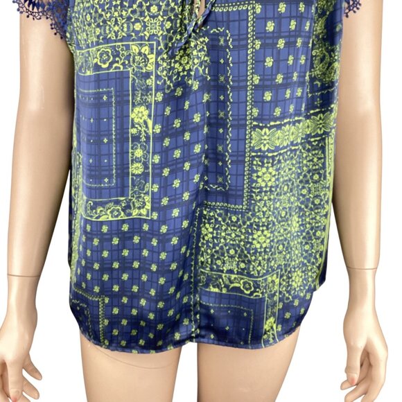 Current Air Anthropologie Top Size XS XSmall Bandana Print Blue Green Lace Sleev - Picture 6 of 10